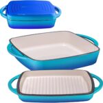 Bruntmor 2-in-1 Pre-Seasoned Square Cast Iron Dutch Oven with Dual Handles, Non Stick Pan with Grill, All-in-One Cookware Set, Cast Iron Casserole Dish with Lid for Braising Dishes,Caribbean Blue