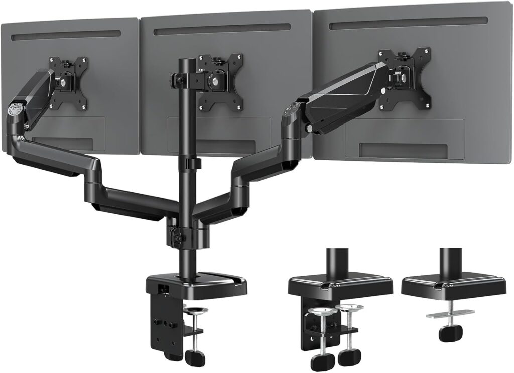 MOUNTUP Triple Monitor Mount, Three Monitor Desk Mount for Max 27 inch Computer Screens, Triple Monitors Stand with Gas Spring, Monitors Arm with Swivel, Tilt, Rotation, Each Arm Holds 4.4-19.8 lbs