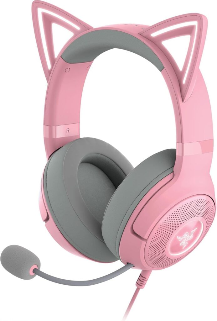 Razer Kraken Kitty V2 USB Wired RGB Headset: Chroma Kitty Ears – Stream Reactive Lighting – HyperClear Cardioid Mic – Triforce 40 mm Drivers – 7.1 Surround Sound – Quartz Pink (Renewed)