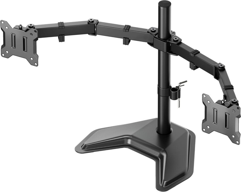 monTEK Stable Freestanding Dual Monitor Stand for 17–32” Computer Screens, Heavy-Duty Desk Mount with 22 lbs per Arm, Fully Adjustable Brackets and Arms, Solid V-Shaped Base, VESA 100×100mm Max