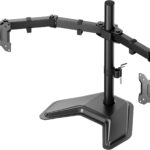 monTEK Stable Freestanding Dual Monitor Stand for 17–32” Computer Screens, Heavy-Duty Desk Mount with 22 lbs per Arm, Fully Adjustable Brackets and Arms, Solid V-Shaped Base, VESA 100×100mm Max