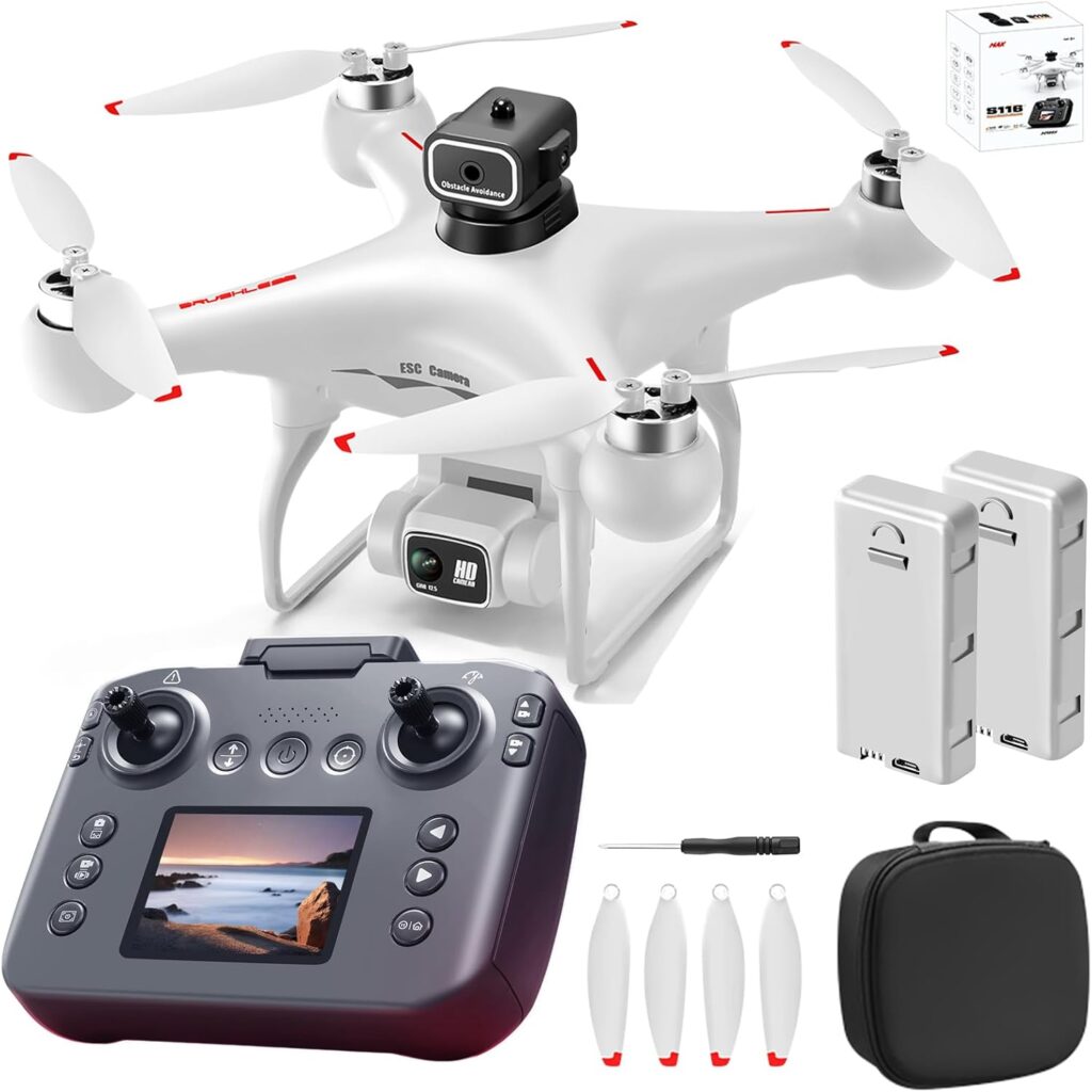 S116 GPS Drone with Screen Controller, Two-batteries, Brushless Motor, Altitude Hold, One Key Take Off/Landing, with Black Outdoor Carrying Case (White – 2 batteries)