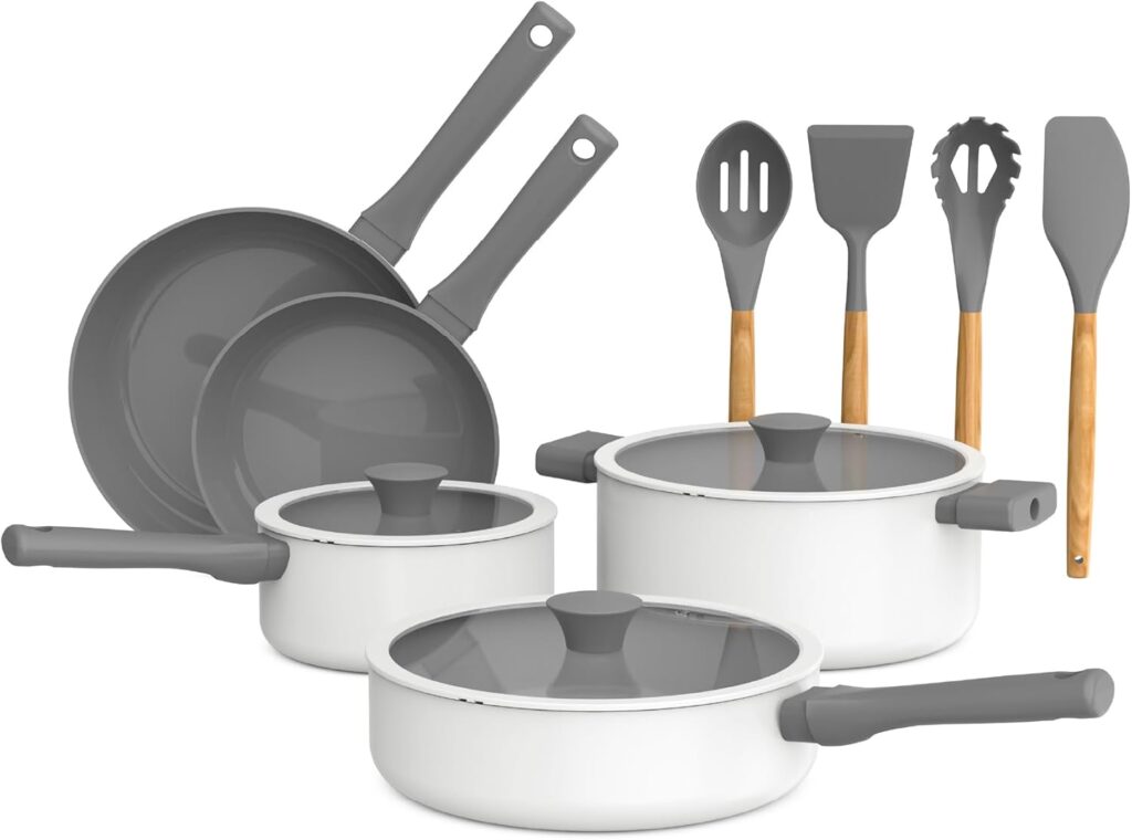 So Yummy by bella 12 Piece Cookware Set w EverGood™ Ceramic Nonstick Coating and Silicone & Wood Utensils, Dishwasher Safe Silicone & Glass Lids, Oven Safe & All Stovetop Compatible, Frost, So Yummy