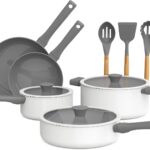 So Yummy by bella 12 Piece Cookware Set w EverGood™ Ceramic Nonstick Coating​ and Silicone & Wood Utensils, Dishwasher Safe Silicone & Glass Lids, Oven Safe & All Stovetop Compatible, Frost, So Yummy