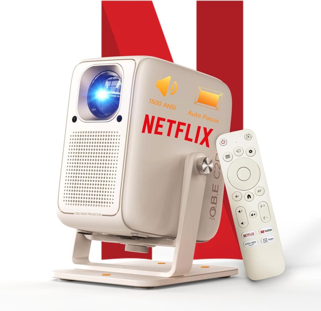 4K Projector [1500 ANSI/ Official-NetfIix] OBE Smart Projector with WiFi 6 & 5.3 Bluetooth, TOF Auto Focus Keystone, Portable Projector with Prime Video / YouTube, 200″ Display, HDR 10+,180° Stand