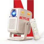 4K Projector [1500 ANSI/ Official-NetfIix] OBE Smart Projector with WiFi 6 & 5.3 Bluetooth, TOF Auto Focus Keystone, Portable Projector with Prime Video / YouTube, 200″ Display, HDR 10+,180° Stand