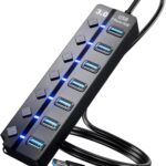 USB Hub for Laptop, SNLLMZI 7-Port USB 3.0 Hub Splitter with Individual On/Off Switches and Lights, 4ft/1.2m Long Cable Compatible for Laptop,PC Computer,Surface Pro,PS4/5,Flash Drive,Mobile HDD,etc.