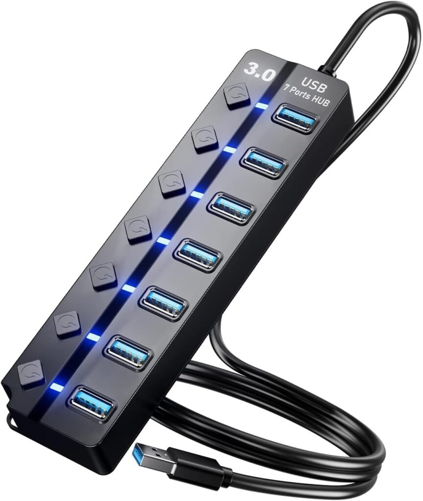 USB Hub for Laptop, SNLLMZI 7-Port USB 3.0 Hub Splitter with Individual On/Off Switches and Lights, 4ft/1.2m Long Cable Compatible for Laptop,PC Computer,Surface Pro,PS4/5,Flash Drive,Mobile HDD,etc.