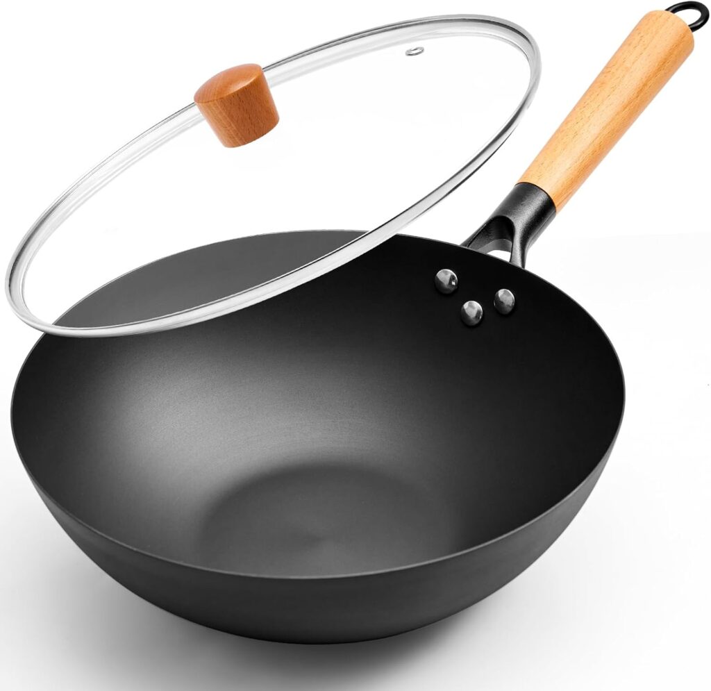 11.8 Inch Pure Iron Wok, Flat Bottom Stir Fry Pan with Wooden Handle & Lid, Uncoated Real High-Purity Iron Wok for Family Meals, Compatible with Gas, Electric & Induction Cooktops