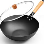 11.8 Inch Pure Iron Wok, Flat Bottom Stir Fry Pan with Wooden Handle & Lid, Uncoated Real High-Purity Iron Wok for Family Meals, Compatible with Gas, Electric & Induction Cooktops