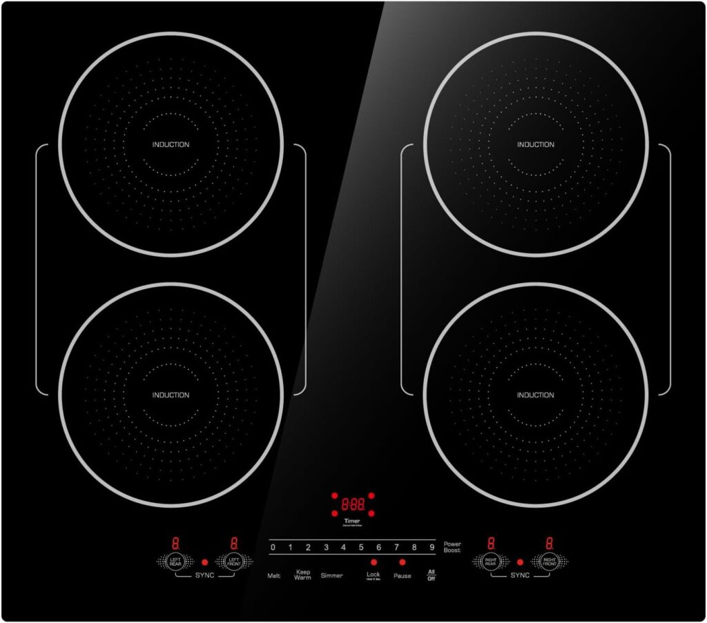 24 Inch Induction Cooktop 4 Burners, Flat Glass Top Electric Stove with Bridge-SYNC, 3 Preset Modes Booster, Timer, Pause, Child Lock, Drop in, 208~240V/40A, Black