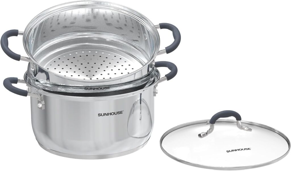 SUNHOUSE – 3.1 Quart Steamer Pots With Lid 2-Tier Multipurpose Stainless Steel Steaming Pot Cookware With Handle For Vegetable, Dumpling, Sauce, Food – Triple Bottom, Measurement Line