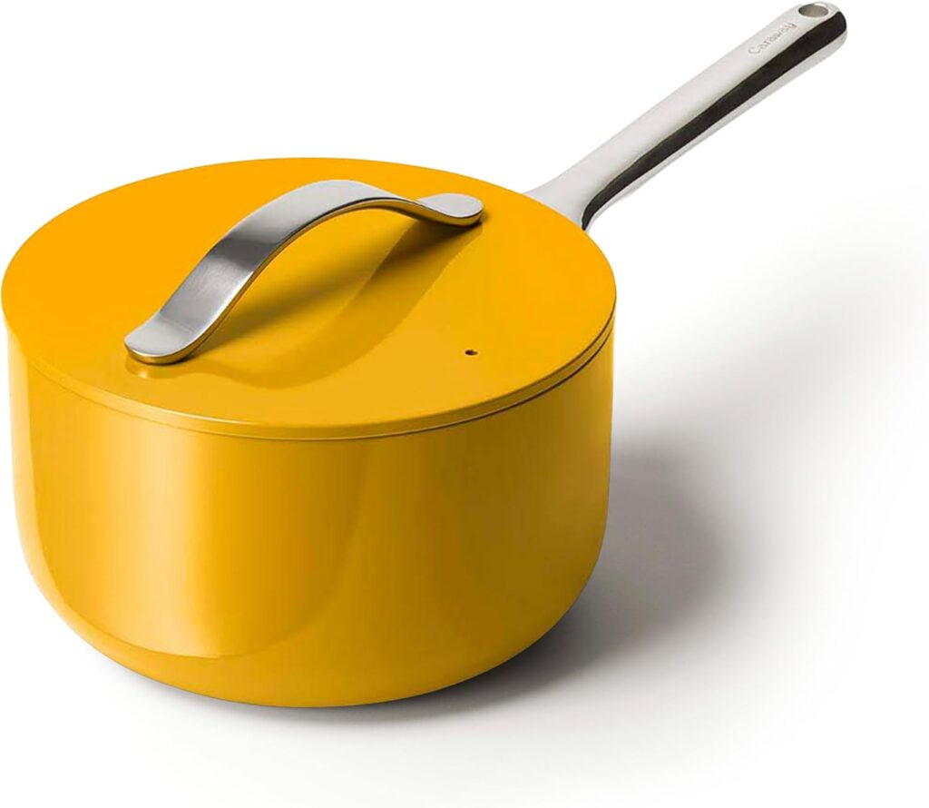 Caraway Nonstick Ceramic Sauce Pan with Lid (3 qt) – Non Toxic, PTFE & PFOA Free – Oven Safe & Compatible with All Stovetops (Gas, Electric & Induction) – Marigold