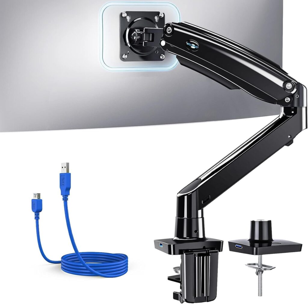 HUANUO Single Monitor Arm for 13-49 inch Screens, Ultrawide Computer Monitor Mount Holds 26.48 lbs, Upgraded Adjustable Stand with USB, C-Clamp & Grommet Base, VESA 75×75 or 100x100mm
