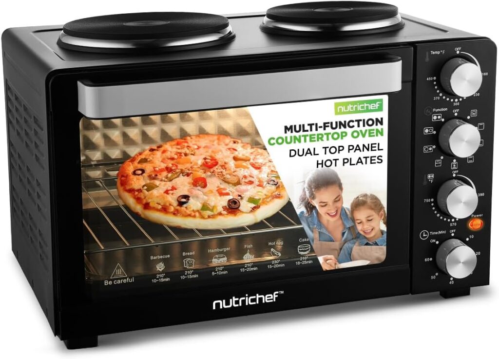 Nutrichef 2-in-1 Convection Oven & Cooker – 30 Quart, 1500W Multi-Function Kitchen Oven with Dual Hot Plates, 7 Cooking Modes Including Rotisserie, Broil, Bake – 19.6 x 16.0 x 13.5 Inches