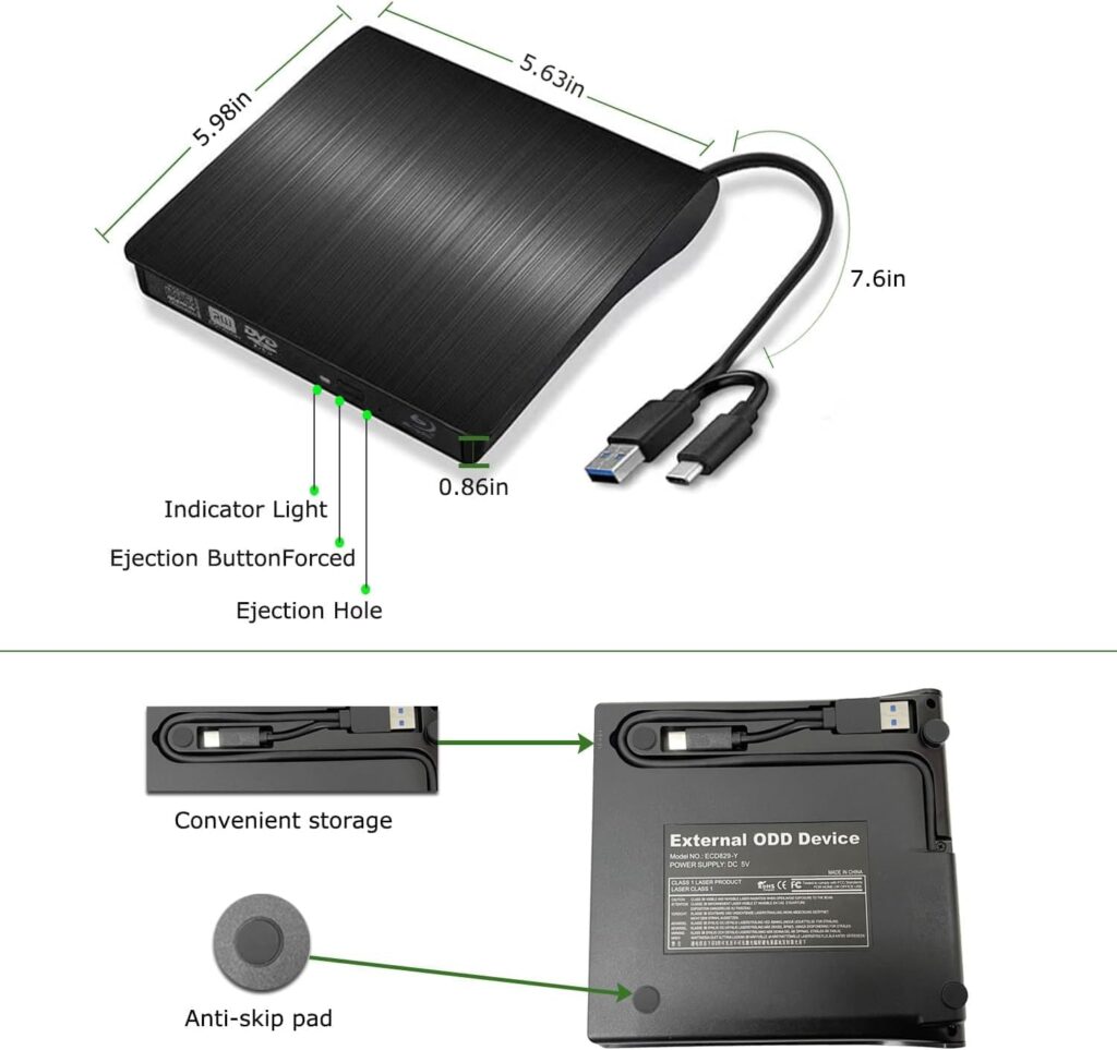 External 6X Blu-ray Player DVD CD Writer USB 3.0 USB C 3D Blu-ray Player Drive CD DVD Burner for iMac MacBook Laptop PC Windows 11/10/8/7, Linux, Mac OS