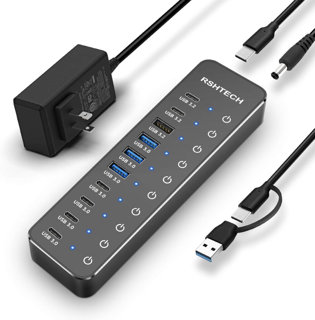 RSHTECH 10 Ports Powered USB 3.2/USB C Hub Splitter 60W with 3 x 10Gbps USB 3.2 Ports (2C + 1A),7 x USB 3.0 Ports (4C +3A), 3.3ft Cable and Individual Touch Switches for Laptop PC