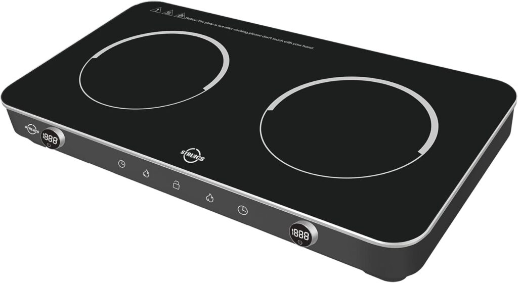 Double Induction Cooktop, 1800W Sensor Touch Electric Cooker Hot Plate, 6.7″ Heating Coil,8 Power 8 Temperature Setting Countertop Burner with Timer-Proof Ceramic Glass Surface