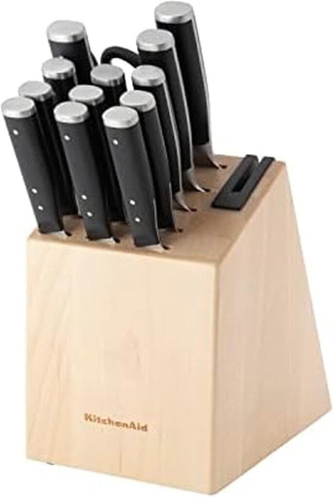 KitchenAid Gourmet Forged Triple Rivet Knife Block Set with Built-in Knife Sharpener, High Carbon Japanese Stainless Steel Kitchen Knives, Sharp Kitchen Knife Set with Block, Birchwood, 14-Piece