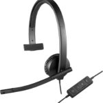 Logitech H570e Wired Headset, Mono Headphones with Noise-Cancelling Microphone, USB, In-Line Controls with Mute Button, Indicator LED, PC/Mac/Laptop – Black
