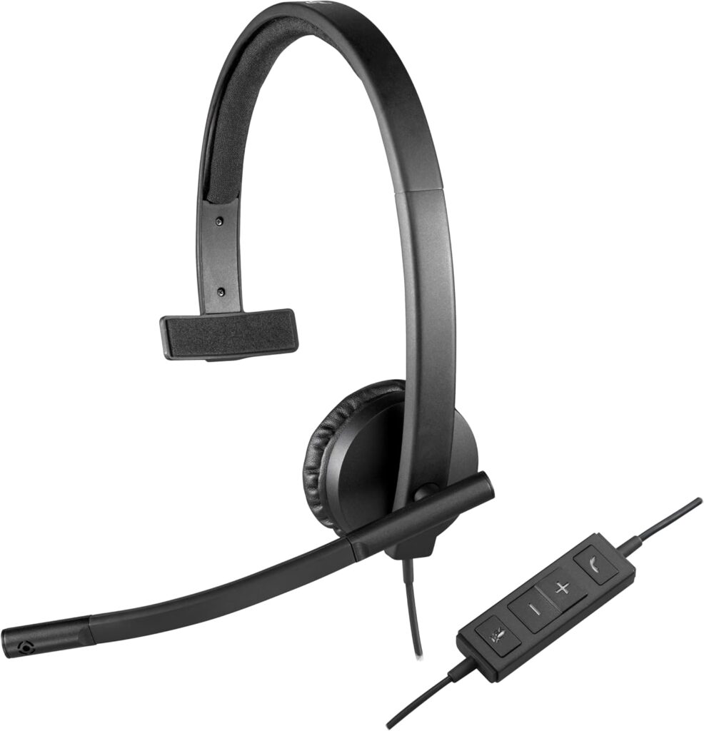 Logitech H570e Wired Headset, Mono Headphones with Noise-Cancelling Microphone, USB, In-Line Controls with Mute Button, Indicator LED, PC/Mac/Laptop – Black
