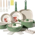 Ceramic Cookware Set 23Pcs Non Stick Pots and Pans Non Toxic with Detachable Handle Induction Kitchen Cookware Set Space Saving, Oven & Dishwasher Safe, Forest Green