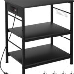 Bakers Rack with Power Outlet Microwave Shelf Stand Black Coffee Bar Table Cart 3 Tier Kitchen Carts on Wheels with Storage and 10 S-Shaped Hooks for Living Room Dining Room Office
