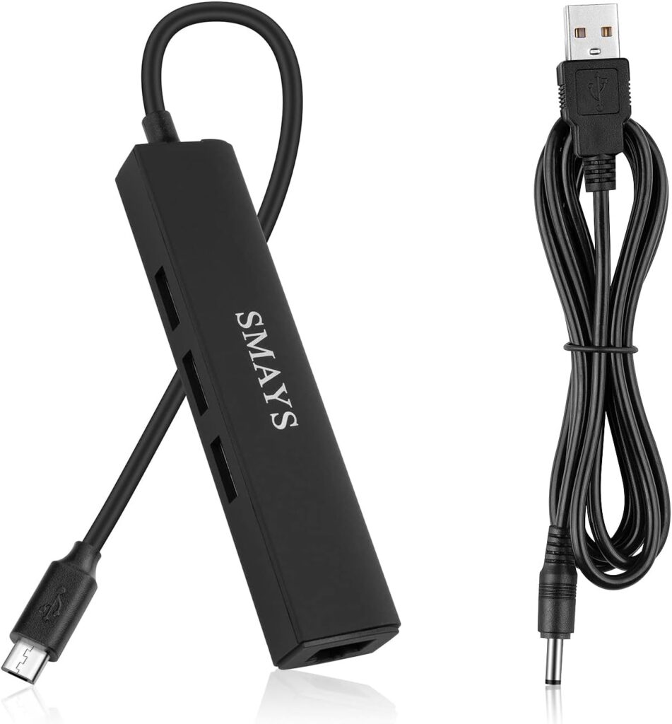 OTG USB Ethernet Adapter Compatible with Roku Express 4K+ 2021 and Fire TV Stick Streaming Media Player – Micro USB to 3-Port USB Hub with LAN & Power Cable