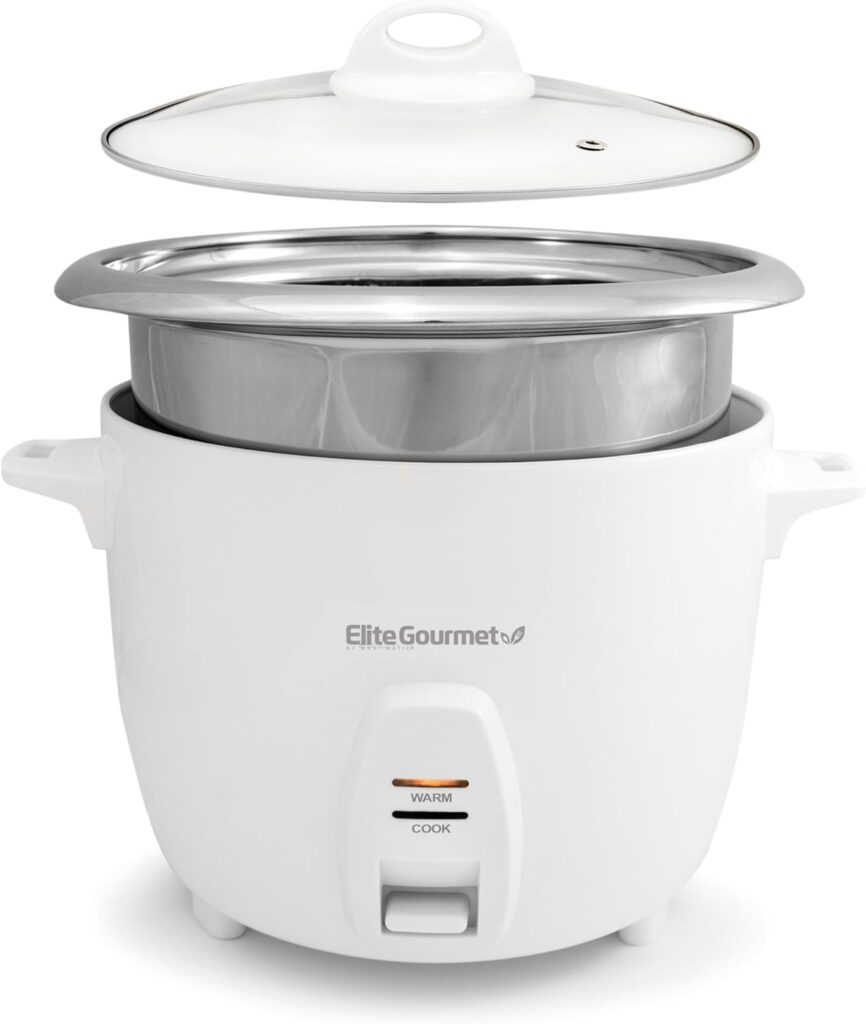 Elite Gourmet ERC-2020 Electric Rice Cooker with Stainless Steel Inner Pot Makes Soups, Stews, Grains, Cereals, Keep Warm Feature, 20 Cups Cooked (10 Cups Uncooked), White