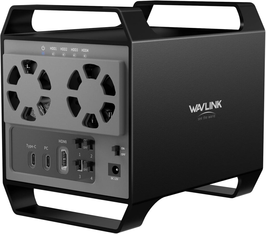WAVLINK 4-Bay Hard Drive Enclosure for 3.5″ and 2.5” SATA HDD/SSD Featuring 10Gbps USB-C 3.2, Max 88TB Capacity, Built-in Temp-Controlled Cooling Fans, 4K HDMI Stunning Video Output, Aluminum Shell