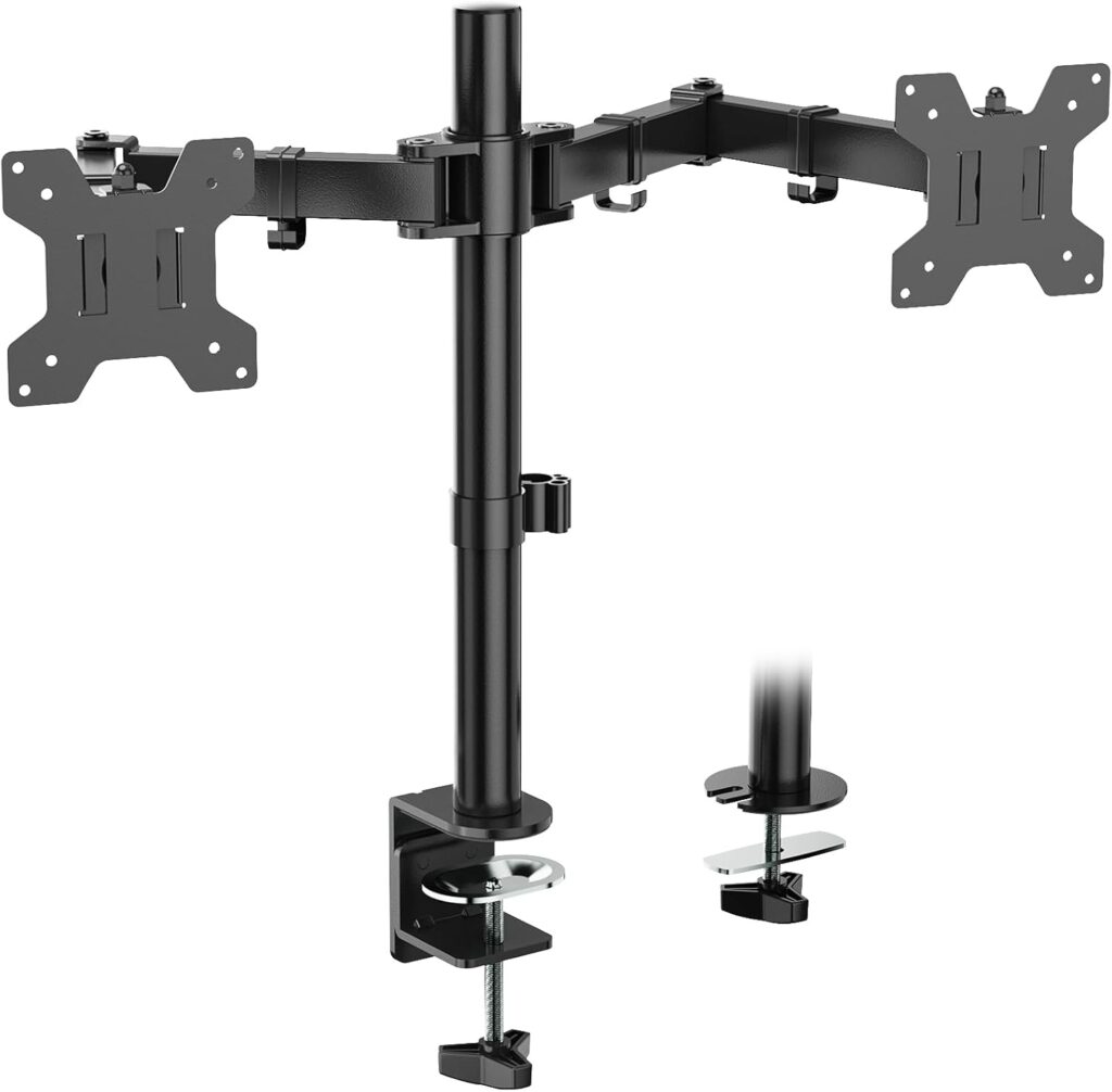WALI Dual Monitor Stand for 13-27 inch Screens, Dual Monitor Mounts for 2 Monitors, 2 Monitor Desk Mount Holds up to 22 lbs, Height Adjustable Swivel Tilt Rotation, 75×75/100x100mm (M002), Black