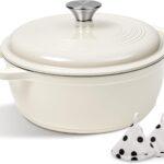 Enameled Cast Iron Dutch Oven Pot With Lid – AIVIKI 5QT Dutch Oven for Bread Baking With Cotton Potholders – Heavy-Duty Cookware for Braising, Stew, Roasting, Oven Safe up to 500°F, Cream White