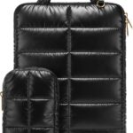 MOSISO Shiny Puffy Laptop Sleeve Compatible with MacBook Air/Pro, 13-13.3 inch Notebook, Compatible with MacBook Pro 14 inch M4 M3 M2 M1, Twelve Rectangle Quilted Bag with Handle&Small Case, Black