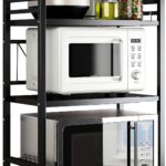 DOLALIKE Microwave Oven Rack, Expandable Microwave Stand Countertop Kitchen Utensils Tableware Storage, Carbon Steel Over Microwave Shelf Countertop with 3 Hooks