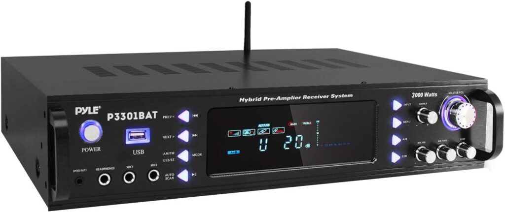 Pyle Bluetooth Home Stereo Amplifier – Hybrid Multi-Channel 3000 Watt Power Amplifier Home Audio Receiver System w/ AM/FM Radio, MP3/USB,AUX,RCA Karaoke Mic in – Rack Mount, Remote – P3301BAT