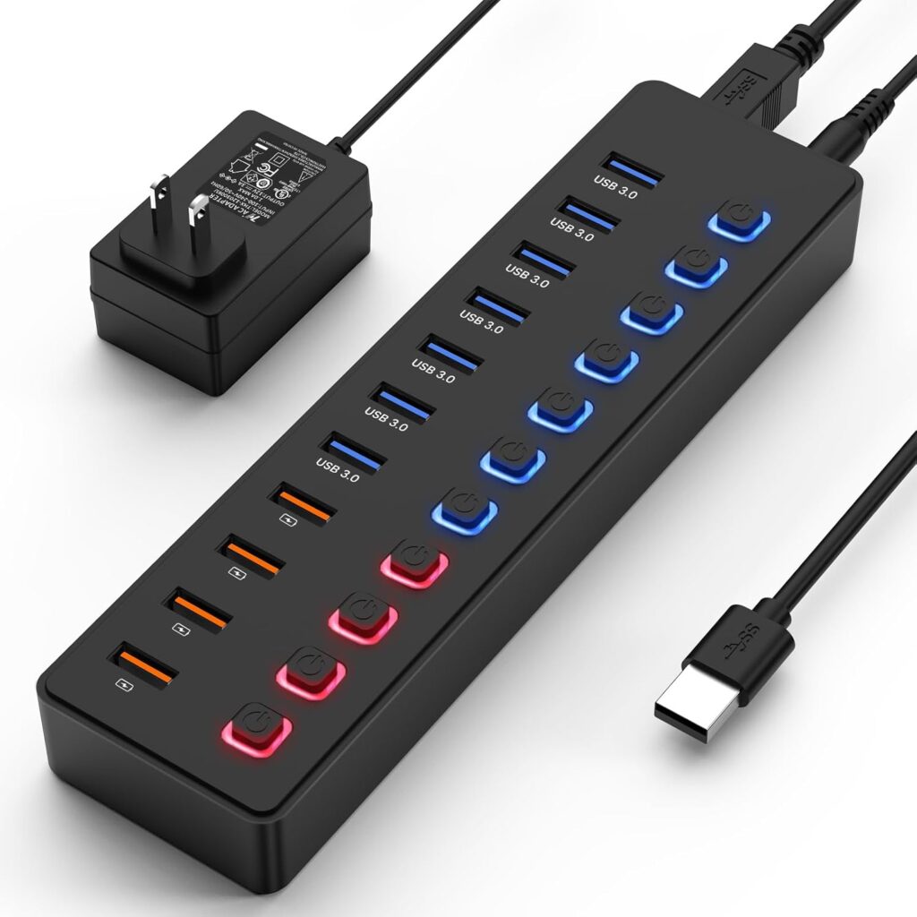 Powered USB hub,USB hub,11-Port hub Splitter (7 USB 3.0 Data Transfer Ports + 4 Smart Charging Port), Independent Switch (with LED Working Indicator) USB 3.0 Hub Powered with Power Adapter for Mac/PC