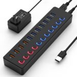 Powered USB hub,USB hub，11-Port hub Splitter (7 USB 3.0 Data Transfer Ports + 4 Smart Charging Port), Independent Switch (with LED Working Indicator) USB 3.0 Hub Powered with Power Adapter for Mac/PC