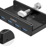 ORICO USB 3.0 Hub, USB Hub Clamp, Aluminum 4-Port USB Splitter with Extra Power Supply Port and 4.92 FT USB Data Cable, Desktop Powered USB Hub for Monitors/Desks-Black (Without Power Adapter)