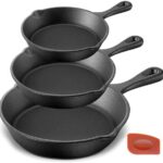NutriChef Pre-Seasoned Cast Iron Skillet Pans – 3 Pieces Kitchen Frying Pan Nonstick Cookware Set w/Drip Spout – Includes Scraper – Electric Stovetop, Induction, Gas Range, Ceramic – NutriChef NCCI76
