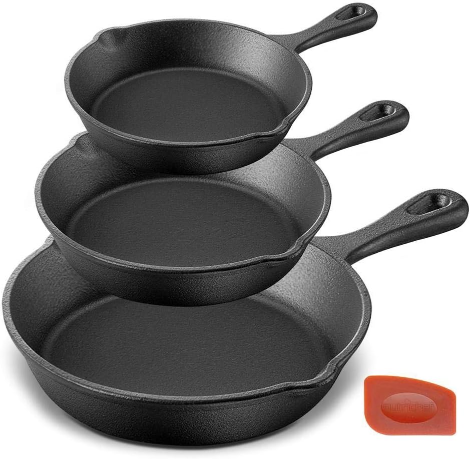 NutriChef Pre-Seasoned Cast Iron Skillet Pans – 3 Pieces Kitchen Frying Pan Nonstick Cookware Set w/Drip Spout – Includes Scraper – Electric Stovetop, Induction, Gas Range, Ceramic – NutriChef NCCI76