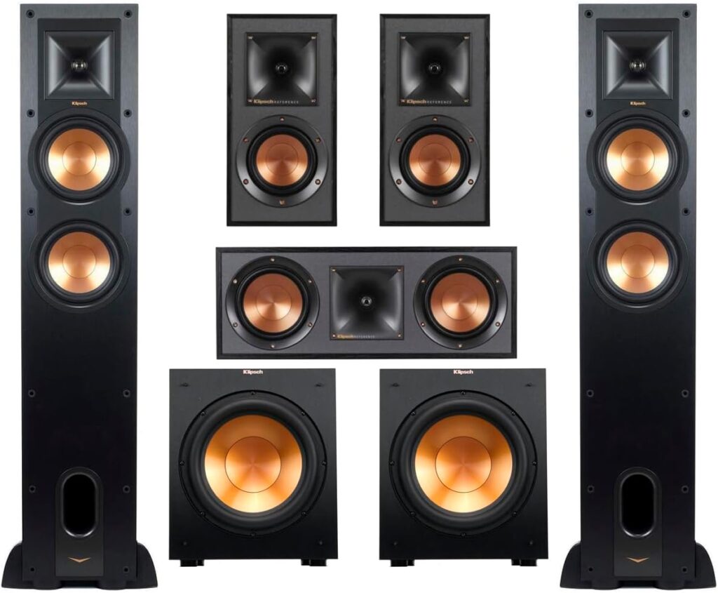 Klipsch Reference 5.2 Home Theater Pack with 2X R-26FA Floorstanding Speaker, 2X R-12SW Subwoofer, R-25C Center Channel Speaker and 2X R-41M Bookshelf Speaker, Black