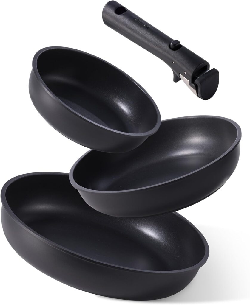 CAROTE 4pcs Non Stick Frying Pans, 8″+10″+12” Frying Pan Egg Pan Omelet Pans with Detachable Handle, Nonstick Cookware, PFOA Free, Induction Compatible & Oven Safe, Dishwasher Safe, Black