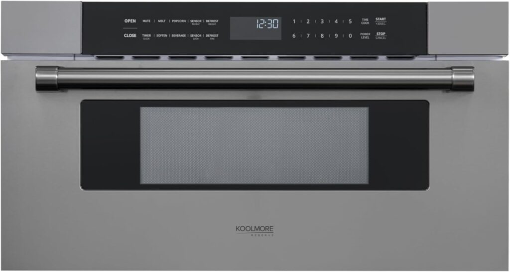 KoolMore Reserve 30 in. 1.2 cu. ft. Microwave Drawer with 10 Power Levels, Sensor Cooking, Melt, Defrost, Bake, Roast, Broil, Timer, Express Cook, 1500 Watts, UL Certified in Black Stainless-Steel