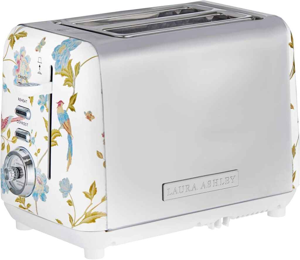 VQ Laura Ashley Elveden White Stainless Steel 2 Slice Toaster | Multi-Functional Bagels & Bread Toaster 2 Slice with Adjustable Heating & Defrost Mode | Featuring 2 Wide Slots, Croissant Warming Rack