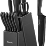 Knife Sets for Kitchen with Block, FOHERE 14 Pcs Kitchen Knife Set with Block Self Sharpening, BO Oxidation Stainless Steel Knife Set with Anti-slip Handle, Dishwasher Safe, Matte Gray