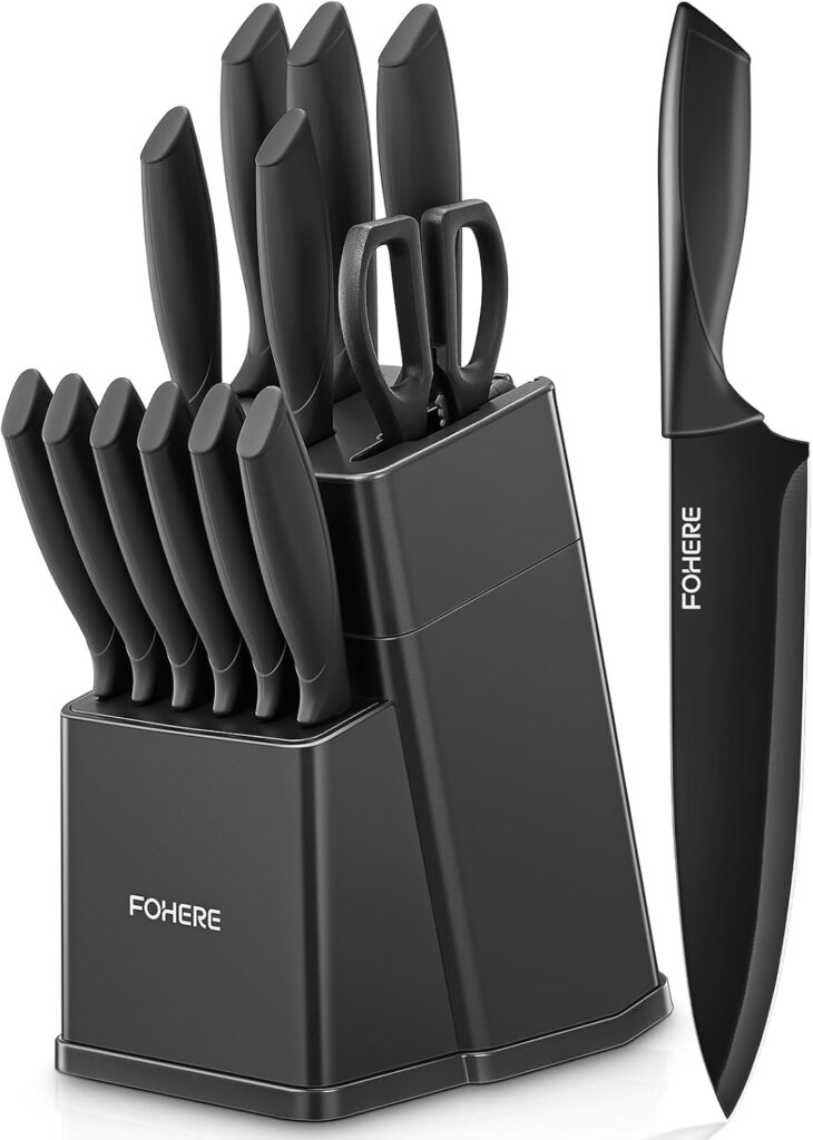 Knife Sets for Kitchen with Block, FOHERE 14 Pcs Kitchen Knife Set with Block Self Sharpening, BO Oxidation Stainless Steel Knife Set with Anti-slip Handle, Dishwasher Safe, Matte Gray