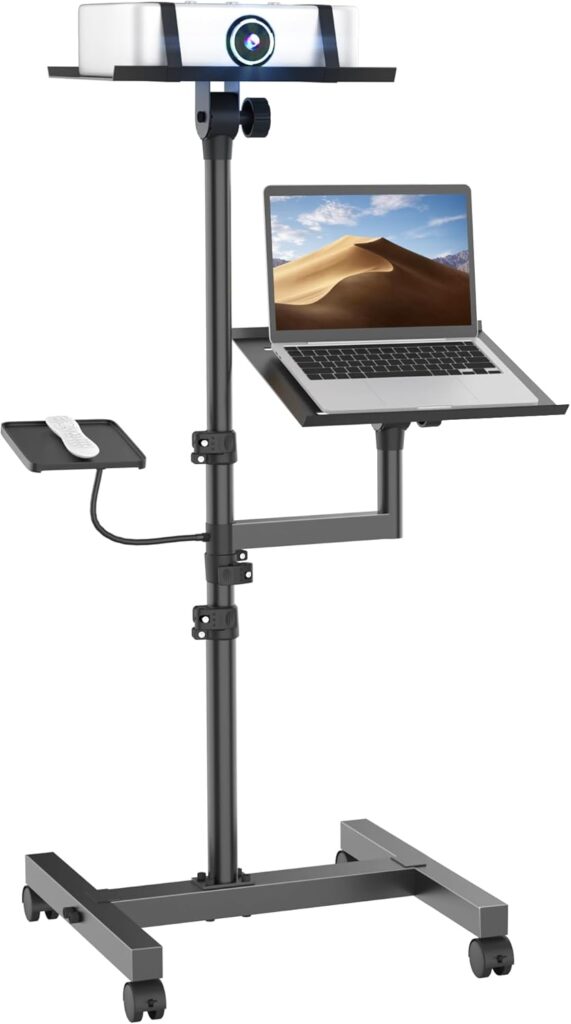 Projector and Laptop Stand Tripod, 2 Shelves Mobile Laptop Tripod Stand, Max 47″ Height Adjustable Laptop Cart on Wheels, Projector Floor Stand with Ventilated Tray for Podium, Meeting, Couch