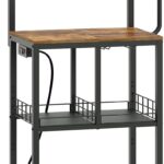 Bakers Rack with Power Outlet, Microwave Stand with Paper Holder, Coffee Bar Station with Wine Glass Holder, 4-Tier Kitchen Storage Rack for Dining Room, Living Room, Rustic Brown HB02UBR
