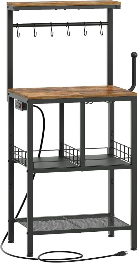 Bakers Rack with Power Outlet, Microwave Stand with Paper Holder, Coffee Bar Station with Wine Glass Holder, 4-Tier Kitchen Storage Rack for Dining Room, Living Room, Rustic Brown HB02UBR