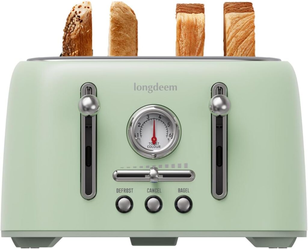LONGDEEM Retro 4-Slice Toaster 1.6″ Wide Slots – 6 Toast Settings with Bagel Function, Stainless Steel Body, Defrost/Cancel Button & Crumb Tray, Vintage Green